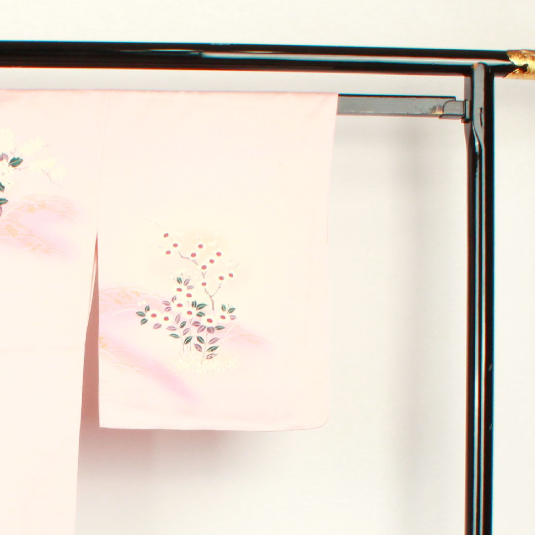 訪問着 袷 身丈150cm 裄丈61cm 練色 京友禅 橘 正絹 Bランク ピンク系 1112001634113