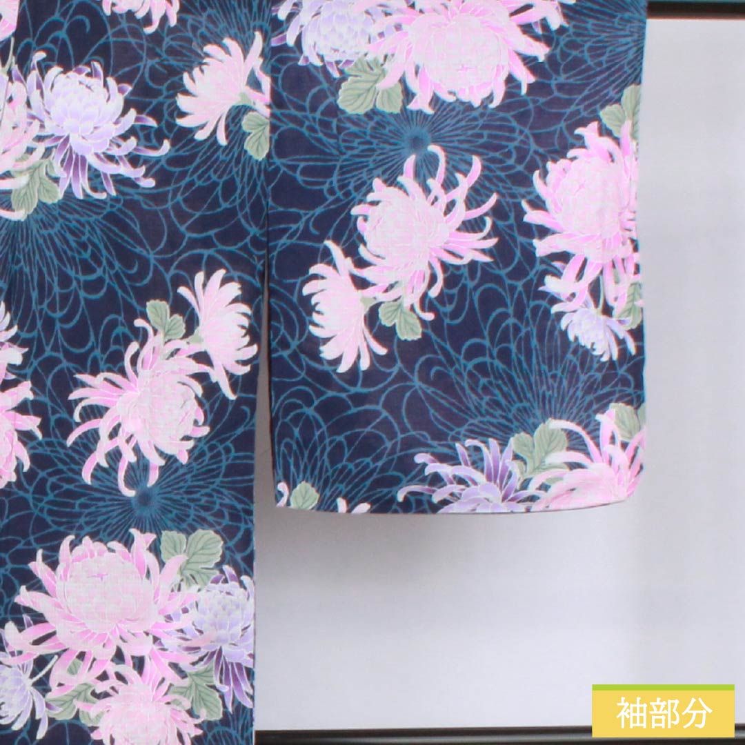 Cotton Yukata, Length 164.5cm, Sleeve Length 63cm, Rank A, Single Layer, Navy Blue, Chrysanthemum Design, Item Number 1118006673418