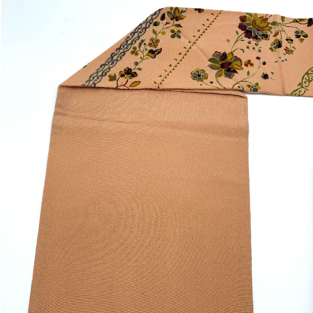 名古屋帯 薄赤色 型染 更紗 抽象模様 帯丈374cm 正絹 Sランク 全通 カジュアル ピンク系 1124003982313  名古屋仕立て