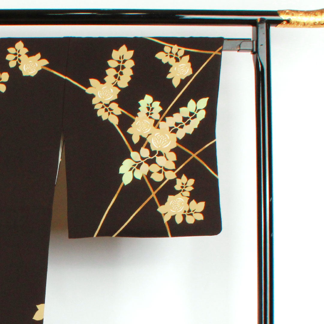 訪問着 袷 身丈161cm 裄丈70cm 黒鼠色 手描き友禅 草花模様 正絹 Sランク 黒系 1112001762410