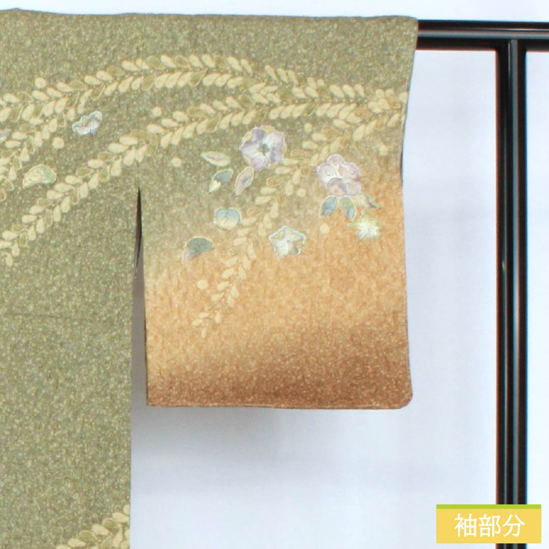 Visiting Kimono, Pure Silk, S-Rank, Lined, Length 155cm, Sleeve Length 64.5cm, Rikyu Nama Kabeiro (Rikyu Nama Kabeiro) Pattern, Shibori, Tsujigahana Pattern, Artist's Work, Green, 1112006862319