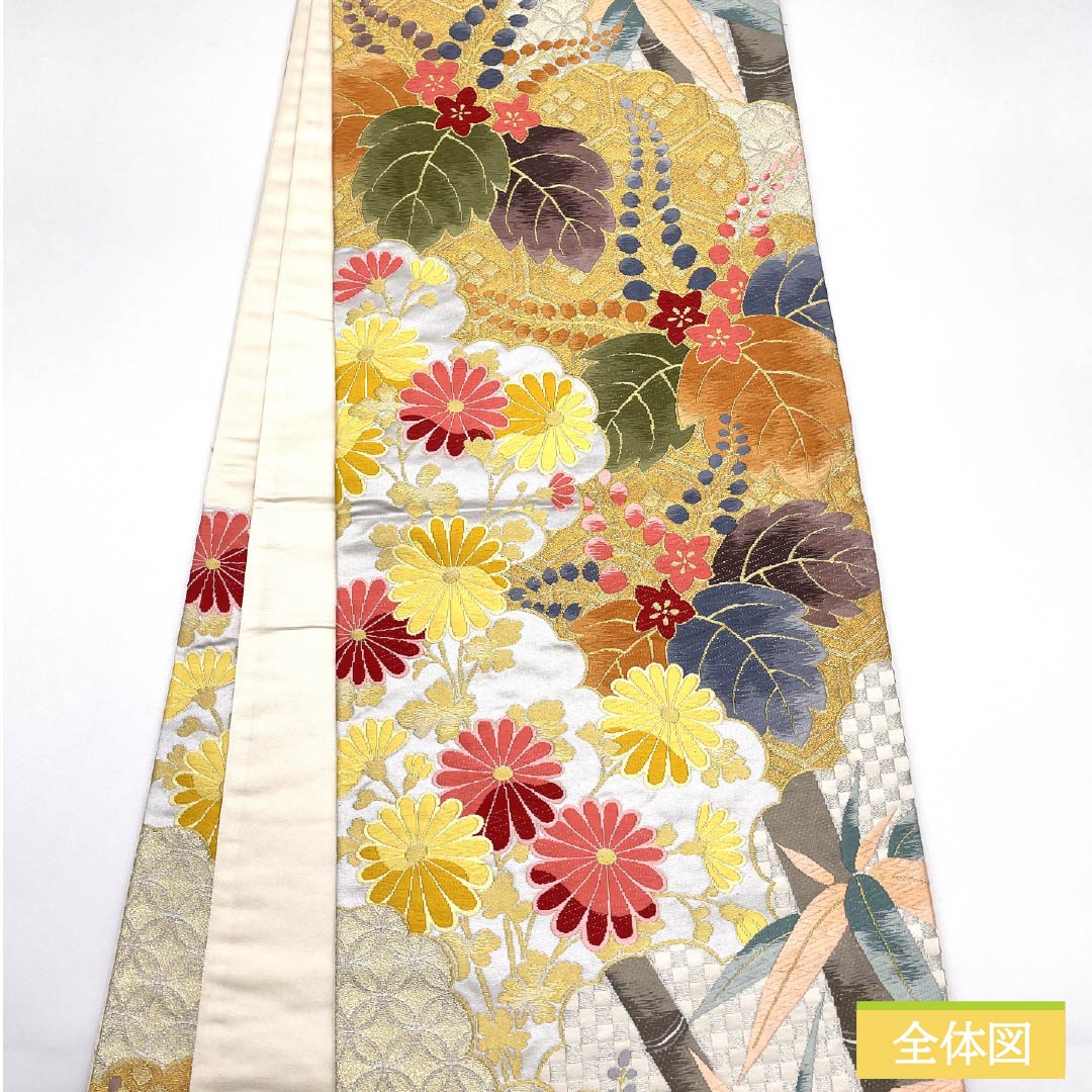 袋帯 正絹 魚肚白色（ぎょとはくいろ） 白綾苑大庭 菊 桔梗 笹 帯丈432cm Aランク 六通 フォーマル グレー系 1123012023322