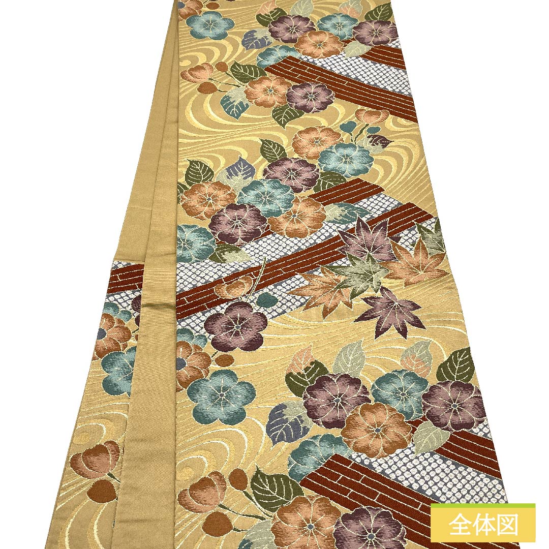 袋帯 正絹 山吹鼠色（やまぶきねずいろ） 紅葉 白綾苑大庭 古典柄 花柄 帯丈433cm Sランク 六通 フォーマル ベージュ系 1123011322325