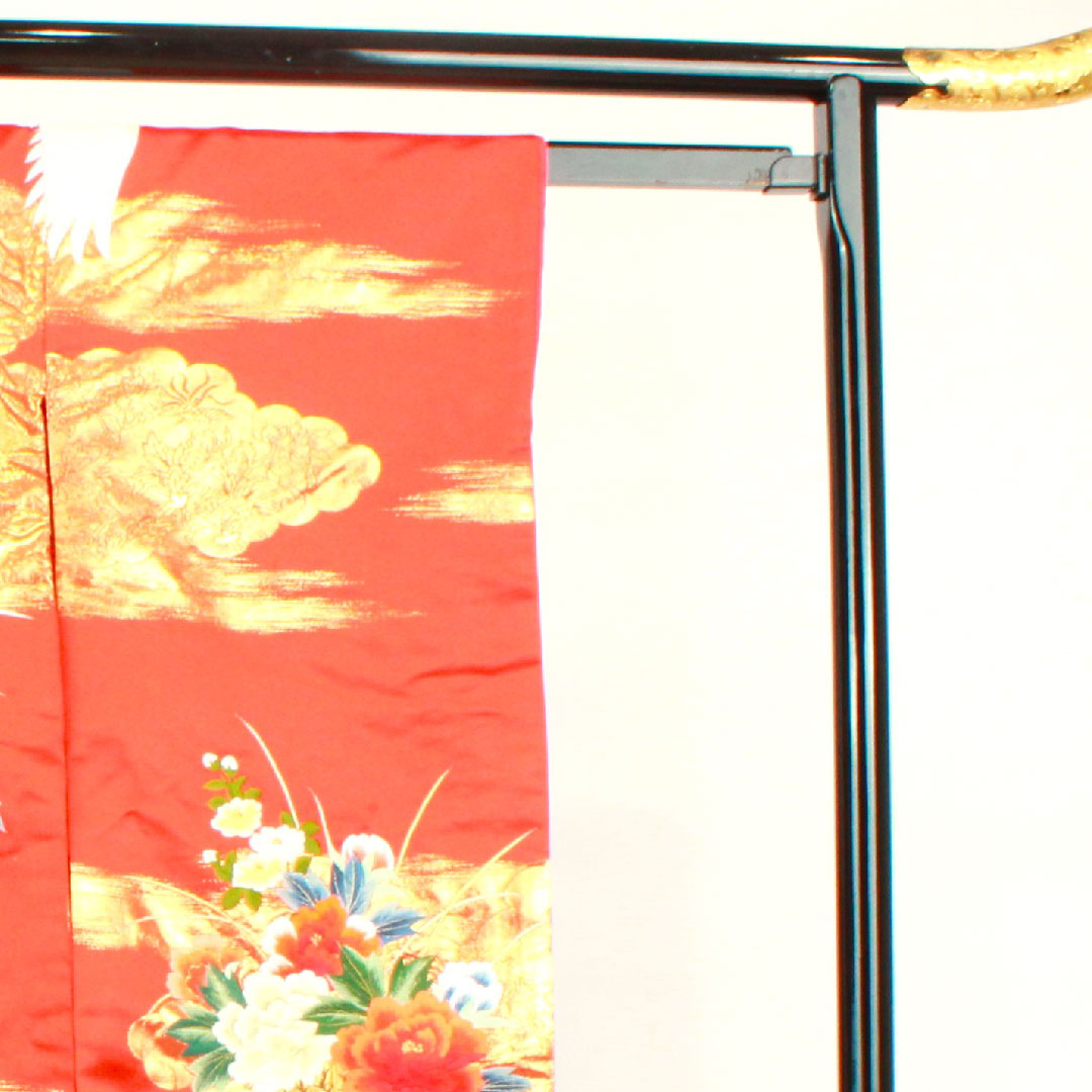 色打掛 身丈185cm  緋色 刺繡 花車 鶴 正絹 Bランク 袷 朱系 1110000264916