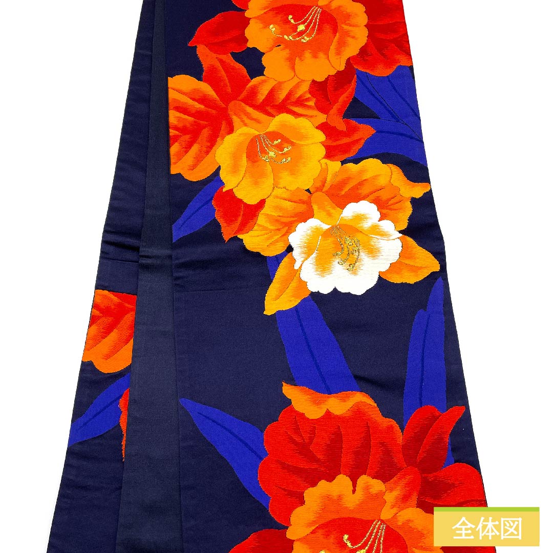 袋帯 正絹 濃紺色（のうこんいろ） 洋花 帯丈414cm Aランク 六通 フォーマル 紺系 1123011913318