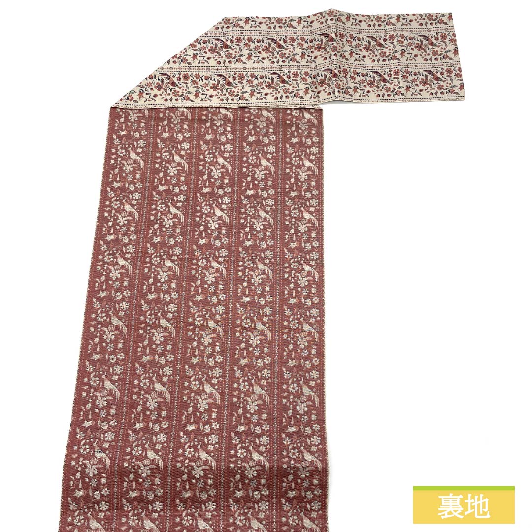 名古屋帯 灰白色（かいはくしょくいろ） 西陣織 古代錦 瀬川 帯丈336cm 正絹 Sランク 全通 カジュアル ピンク系 1124007502313 松葉仕立て