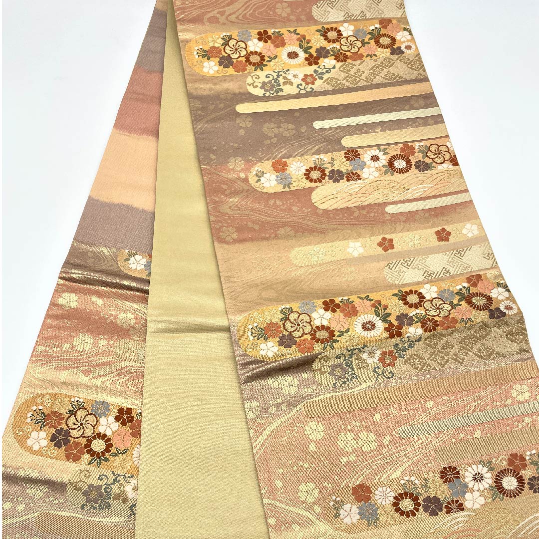 袋帯 横段 七宝 青海波 古典花 帯丈434cm 正絹 Aランク 六通 フォーマル グラデーション系 1123005423399