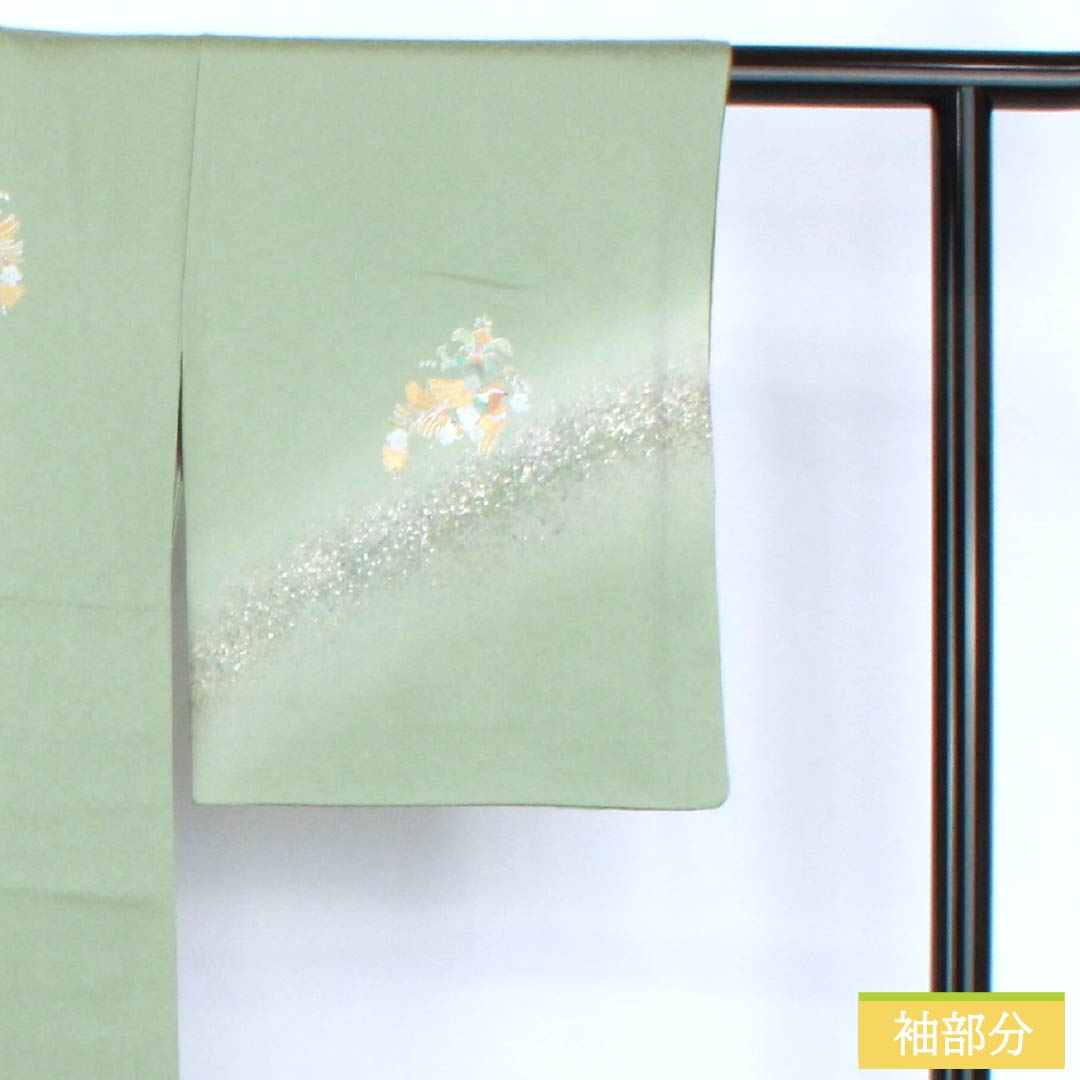 訪問着 正絹 Aランク 袷 身丈155cm 裄丈58.5cm 裏葉色（うらはいろ） 螺鈿煌彩 金彩加工 吉祥文様 丹後ちりめん 八丁水撚り 緑系 1112007423319