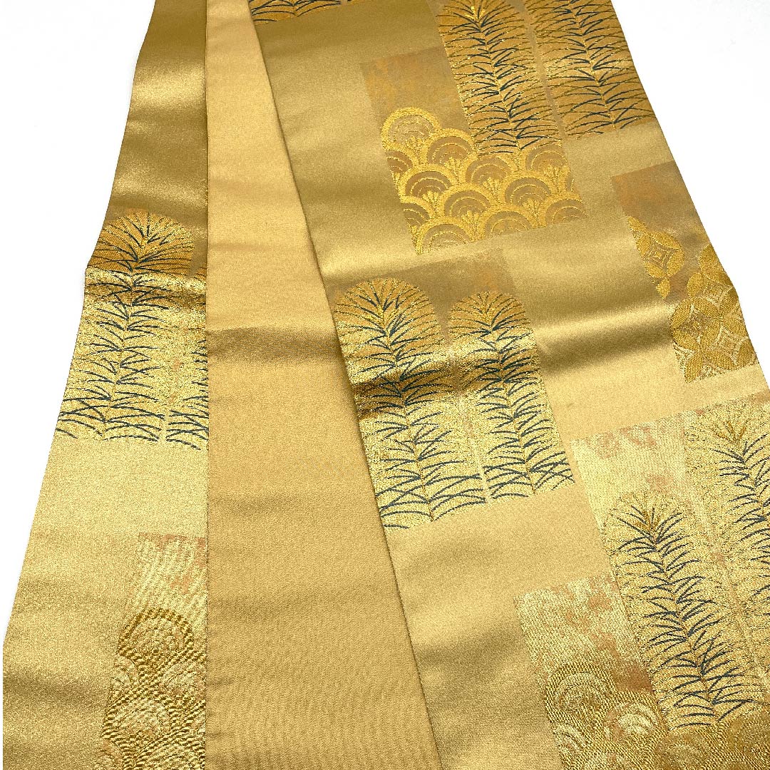 袋帯 金色 松葉 青海波 七宝 帯丈458cm 正絹 Aランク 六通 フォーマル 金系 1123005923421