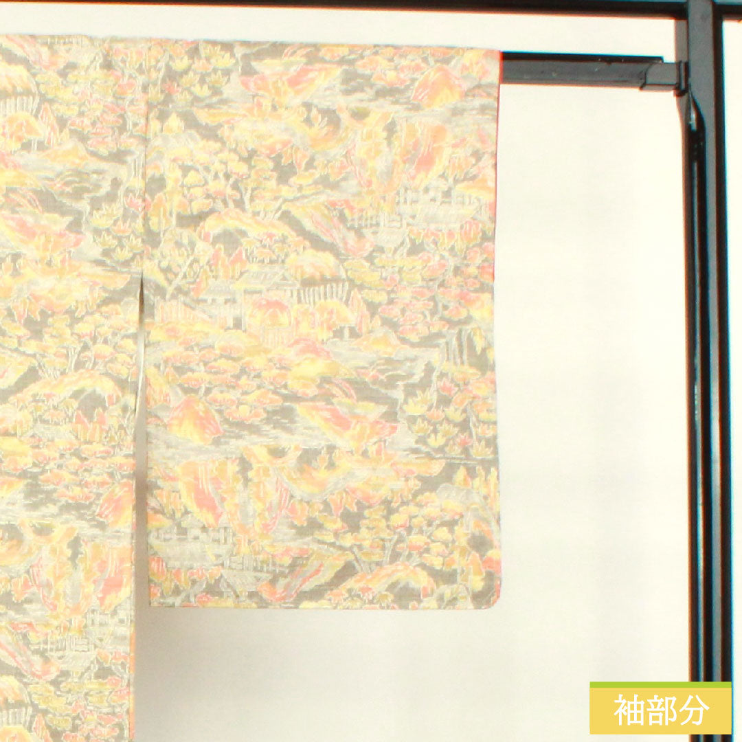 Tsumugi silk, length 150.5cm, sleeve length 62cm, silk grey, landscape pattern, basting thread included, unused, S rank, lined, grey, 1116003402122
