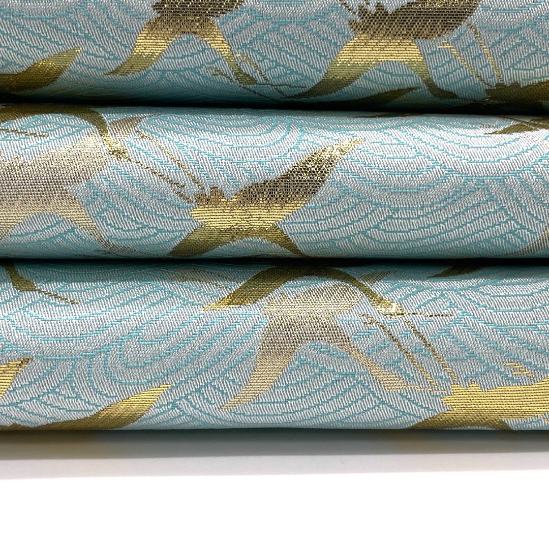 半幅帯 ポリエステル 瓶覗色（かめのぞきいろ） 鶴 青海波 束ね熨斗 リバーシブル 帯丈344cm 水色系 Sランク 1125002072324
