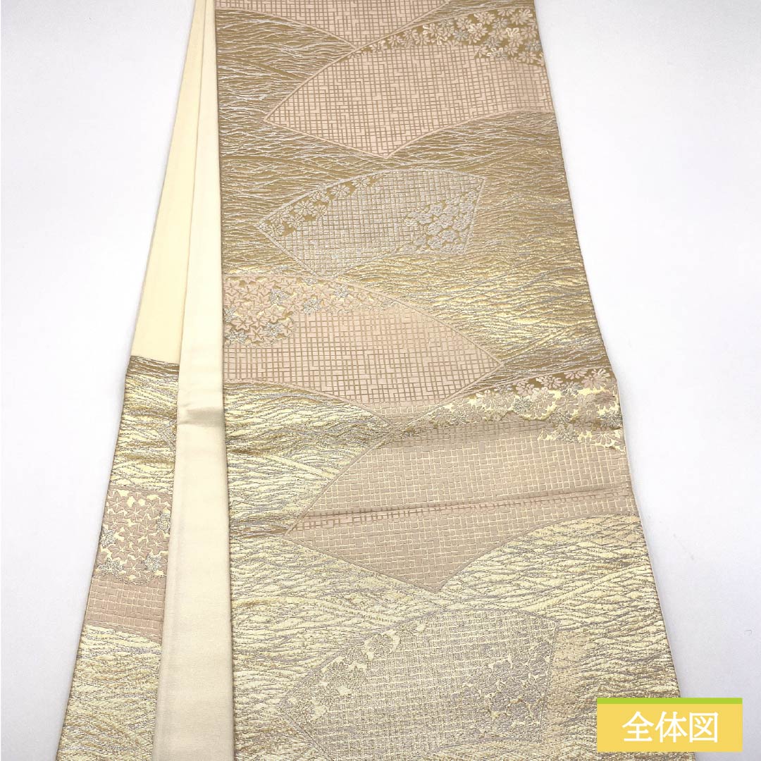 Formal, pure silk obi with a floral fan pattern and autumn leaves, perfect for formal wear with a gold accent. 428cm long, A-rank, six-fold hem. Product number: 1123014223321.