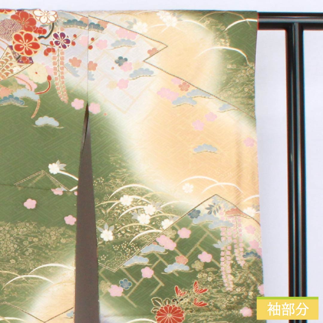 振袖 正絹 Aランク 身丈170.5cm 裄丈68.5cm 袷 山鳩色（やまばといろ） 京友禅 吉祥文様 梅 松 緑系 1113002173619