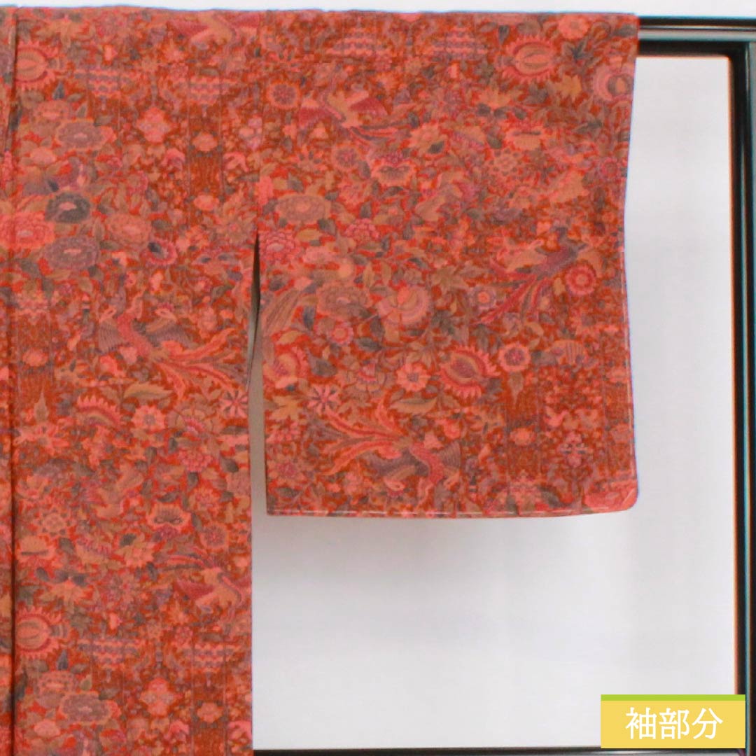 小紋 正絹 身丈159.5cm 裄丈64cm 袷 猩々茶色（しょうじょうちゃいろ） 型染 更紗模様 しつけ糸付き Sランク 茶系 1115005012314