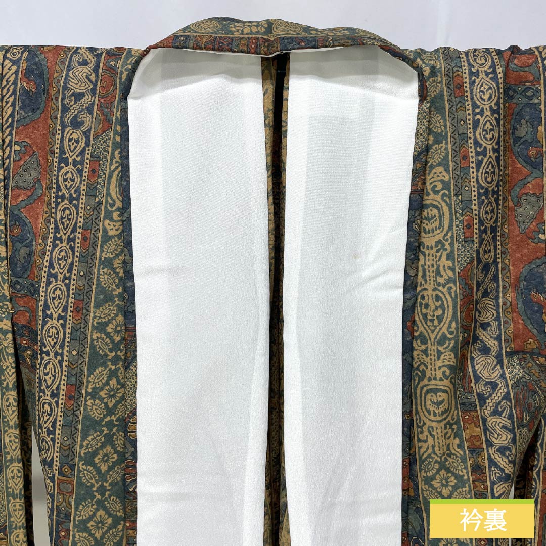 小紋 ポリエステル Aランク 身丈162cm 裄丈66cm 単衣 洗える着物 壁画模様 マルチカラー 1115008103428
