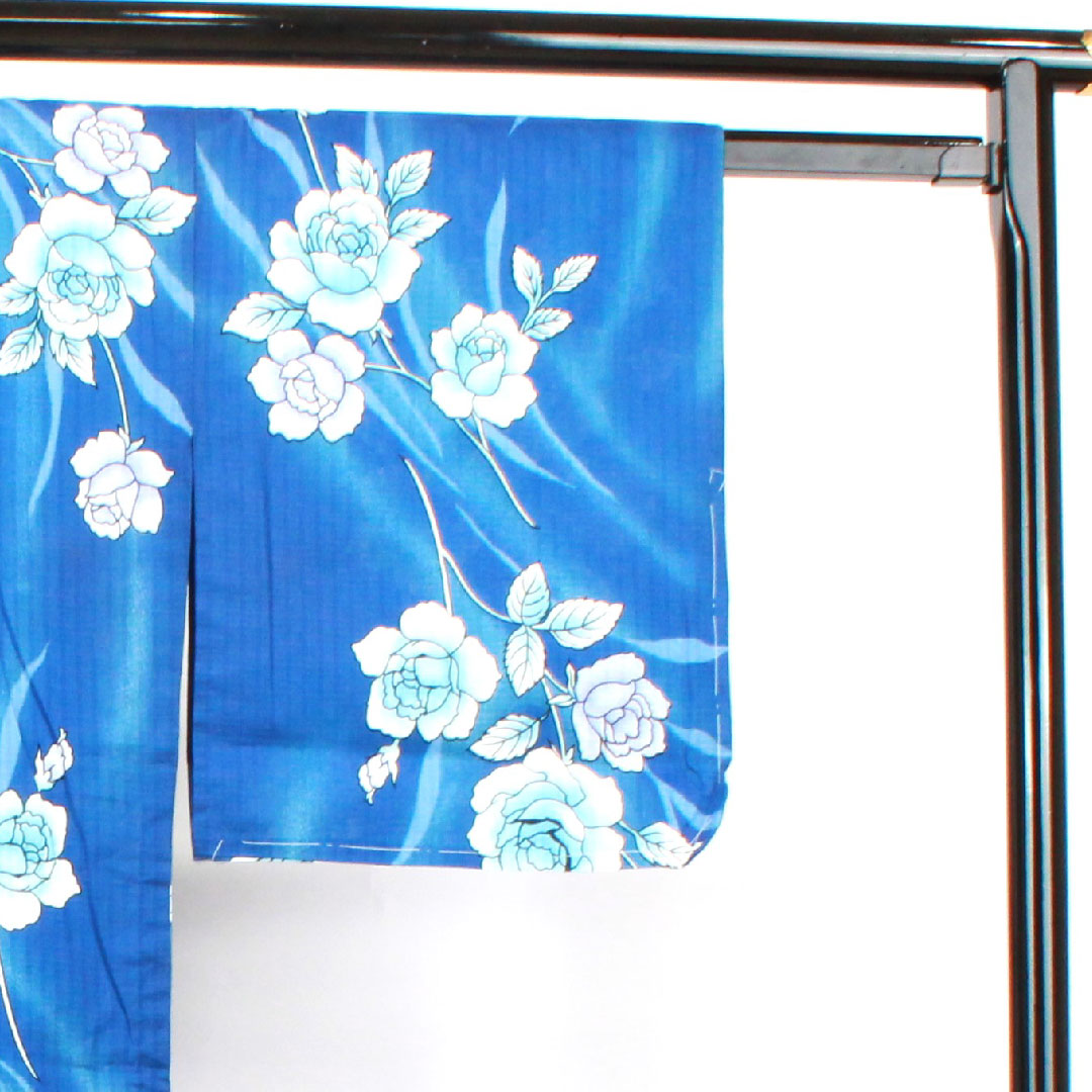 Yukata with basting thread, unused, lapis lazuli, rose, cotton, S rank, single layer, length 164.5cm, sleeve length 65.5cm, blue, 1118002932417