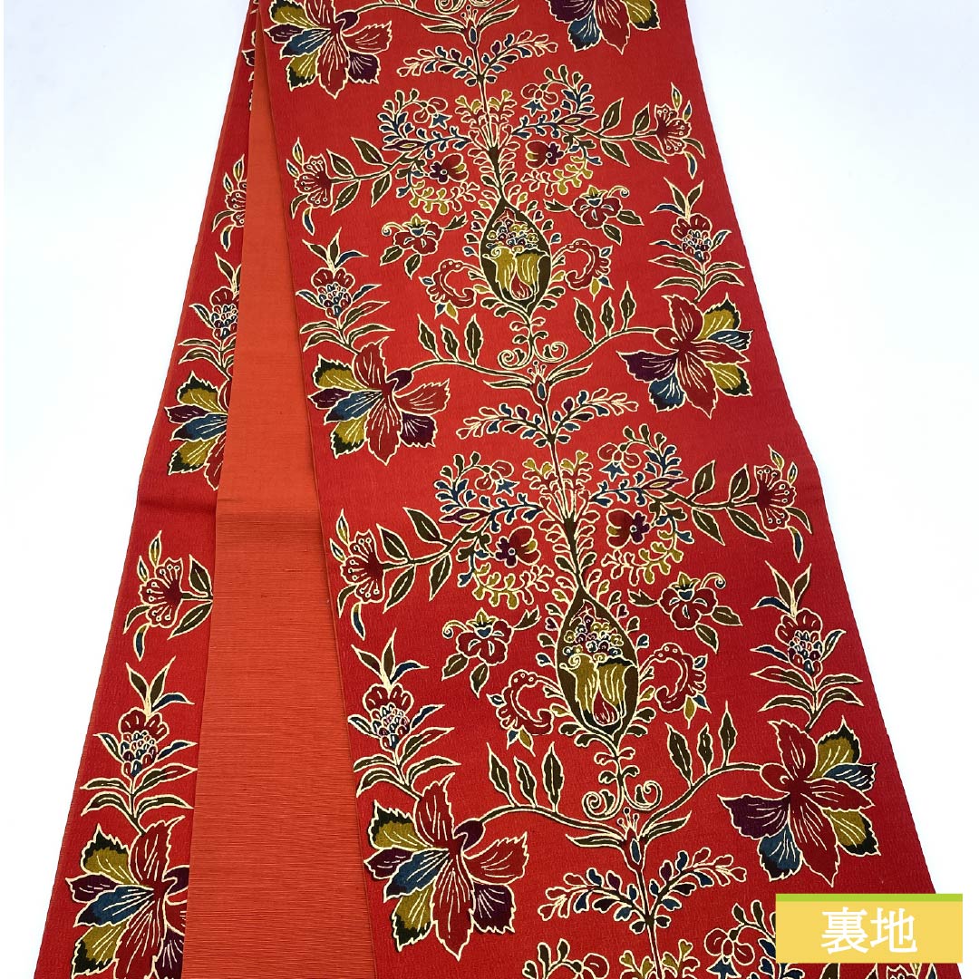 名古屋帯 赤紅色（あかべにいろ） 染め帯 京袋帯 更紗 帯丈358cm 正絹 Aランク 全通 カジュアル 赤系 1124006593312 開き仕立て