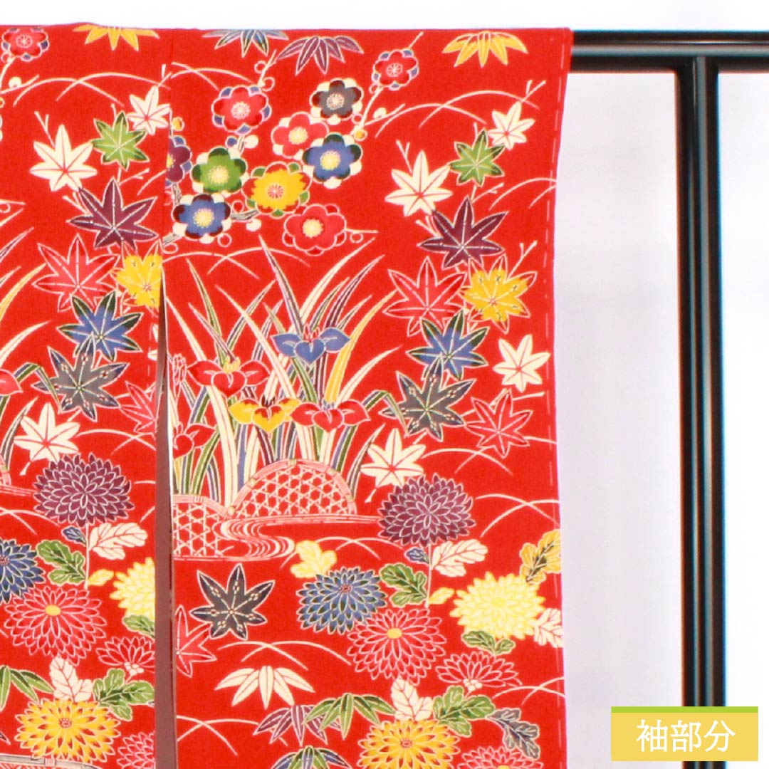 Furisode (long-sleeved kimono) made of pure silk, grade A, length 158.5cm, sleeve length 66cm, lined, red, Kyoto Bingata pattern, auspicious motifs of plum blossoms, irises, and flowing water, red tones, product number 1113002633312