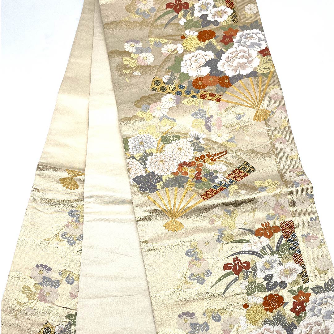 袋帯 生成り色（きなりいろ） 扇面 吉祥文様 七宝 帯丈424cm 正絹 Aランク 六通 フォーマル クリーム系 1123007573315