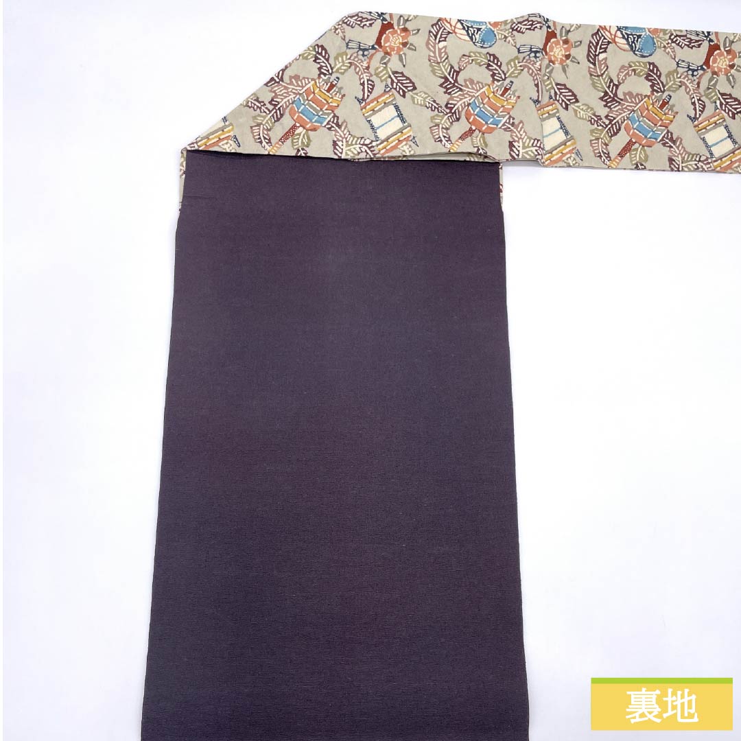 名古屋帯 正絹 Aランク 蕎麦切色（そばきりいろ） 型染 紅型調 抽象花 帯丈340cm 六通 カジュアル グレー系 1124010443322 名古屋仕立て