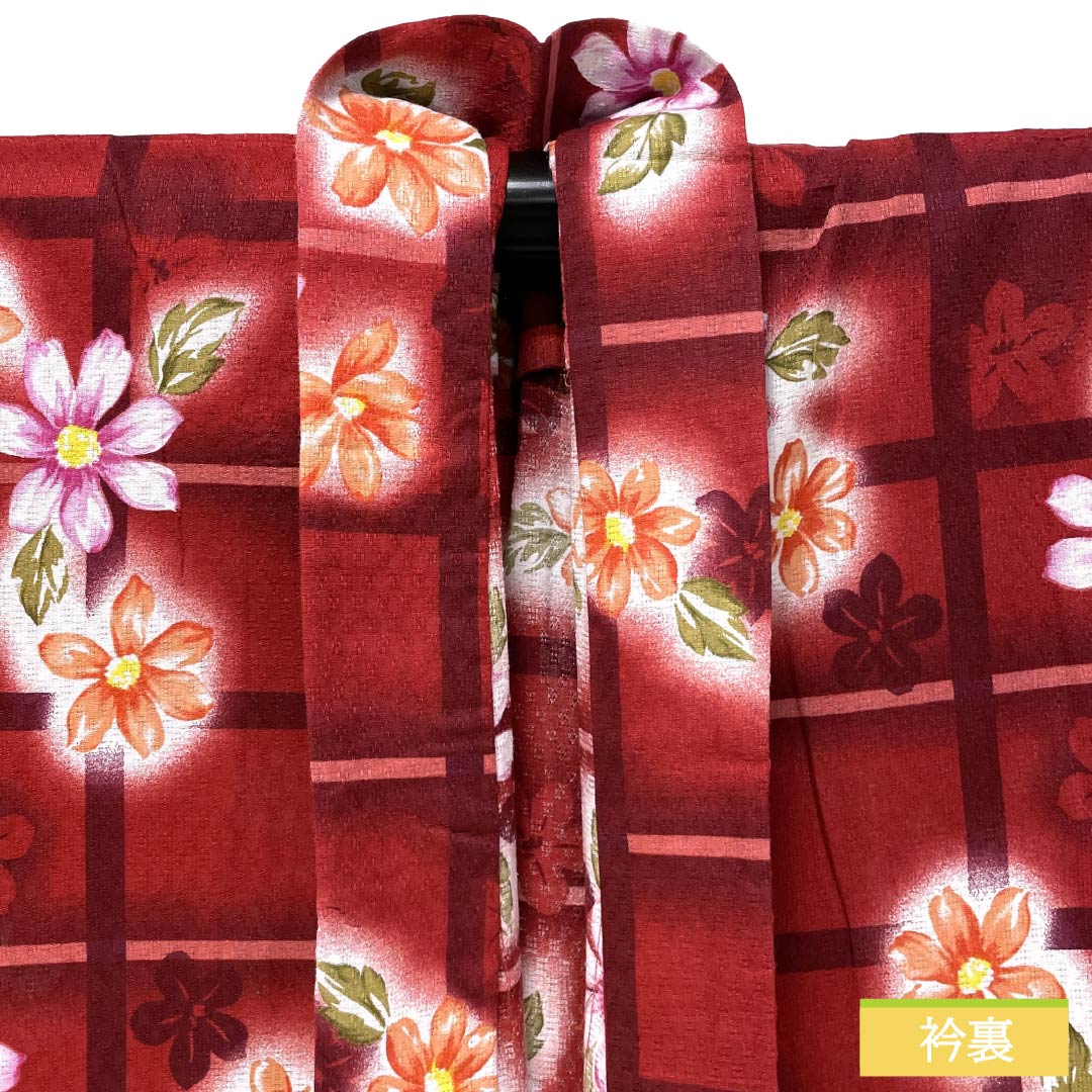 浴衣 木綿 Sランク 身丈163.5cm 裄丈63cm 真紅色（しんくいろ） 格子 草花模様 単衣 赤系 1118007682412
