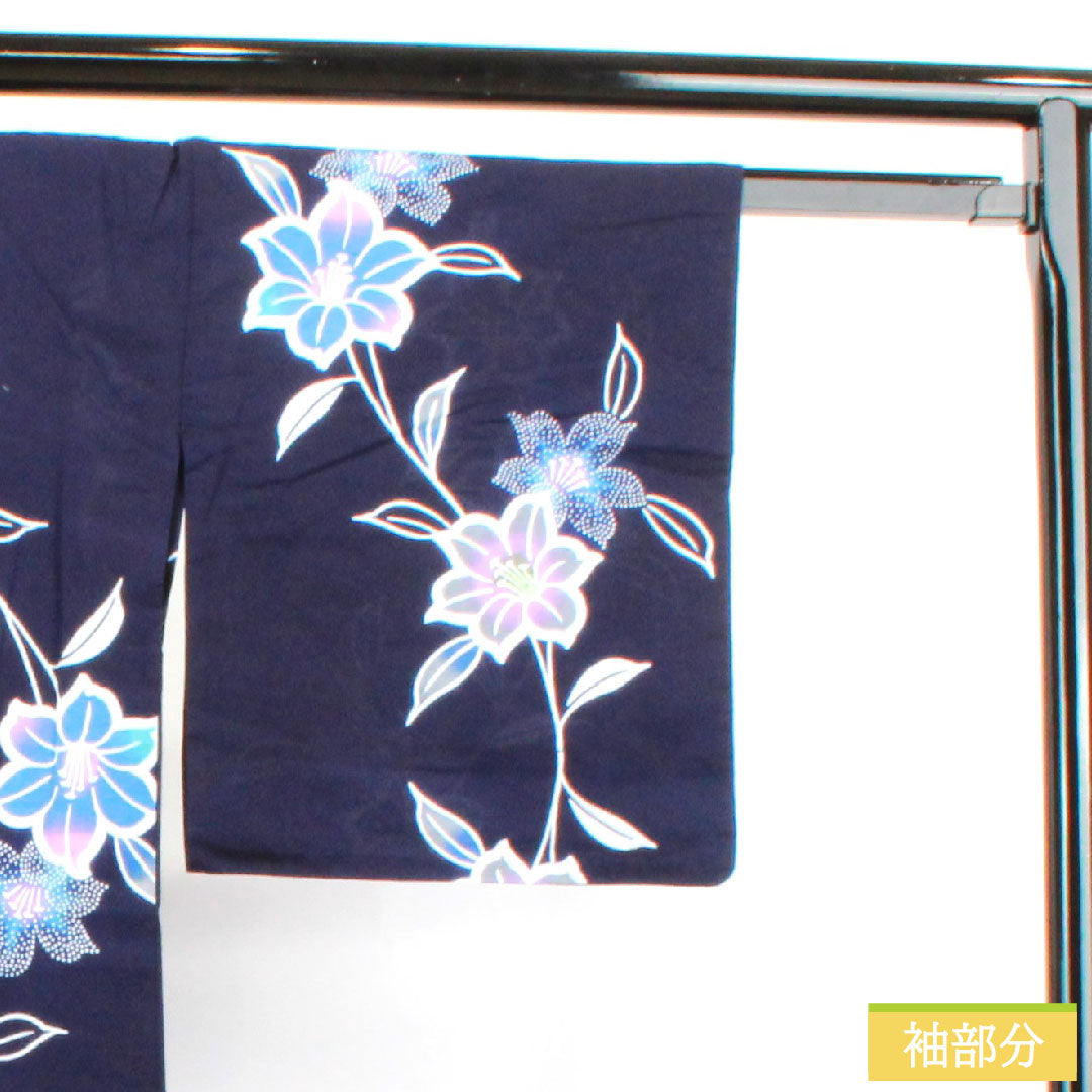 浴衣 木綿 身丈153.5cm 裄丈67.5cm Sランク 単衣 紺系 濃紺色（のうこんいろ） 山茶花 1118004802218