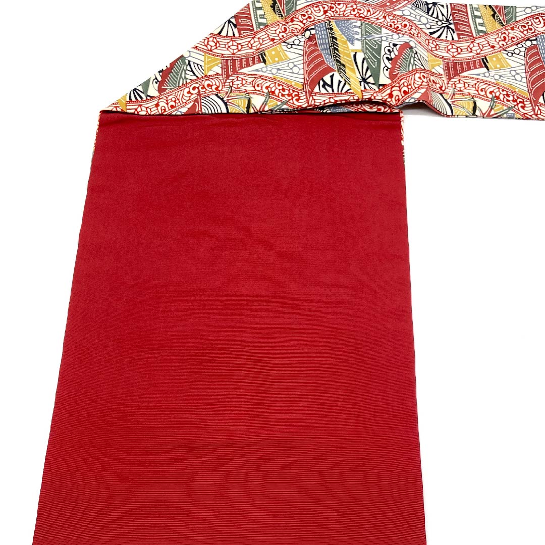 名古屋帯 茜色 型染 京紅型 抽象模様 帯丈350cm 正絹 Sランク 全通 カジュアル 赤系 1124003552312  名古屋仕立て