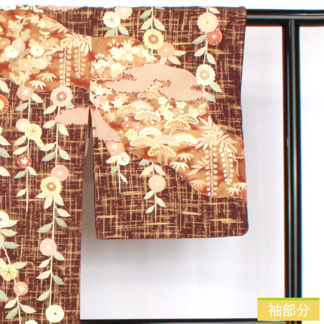 Homongi, pure silk, lined, length 170.5cm, sleeve length 63.5cm, black and red plum color, Kyoto Yuzen, pine, bamboo, plum, chrysanthemum, S rank, brown, 1112004982614