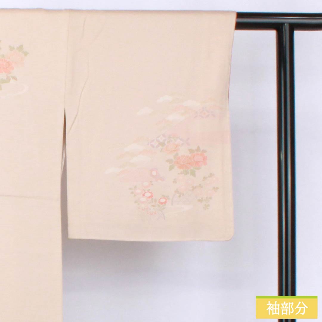 訪問着 正絹 Sランク 袷 身丈159cm 裄丈68cm 翁茶色（おきなちゃいろ） 京友禅 付下げ 蘇州刺繡 花車 扇面 ピンク系 1112006622313