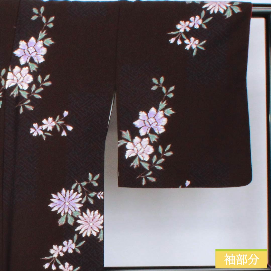 小紋 ポリエステル 身丈168.5cm 裄丈65cm 袷 紗綾形 花 洗える着物 Sランク 黒系 1115005952510