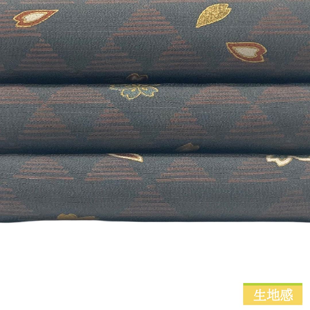 半幅帯 正絹 Sランク 鉛色（なまりいろ） 二人静色（ふたりしずかいろ） ウロコ模様 桜 リバーシブル 長尺 帯丈464cm グレー系 1125003832422
