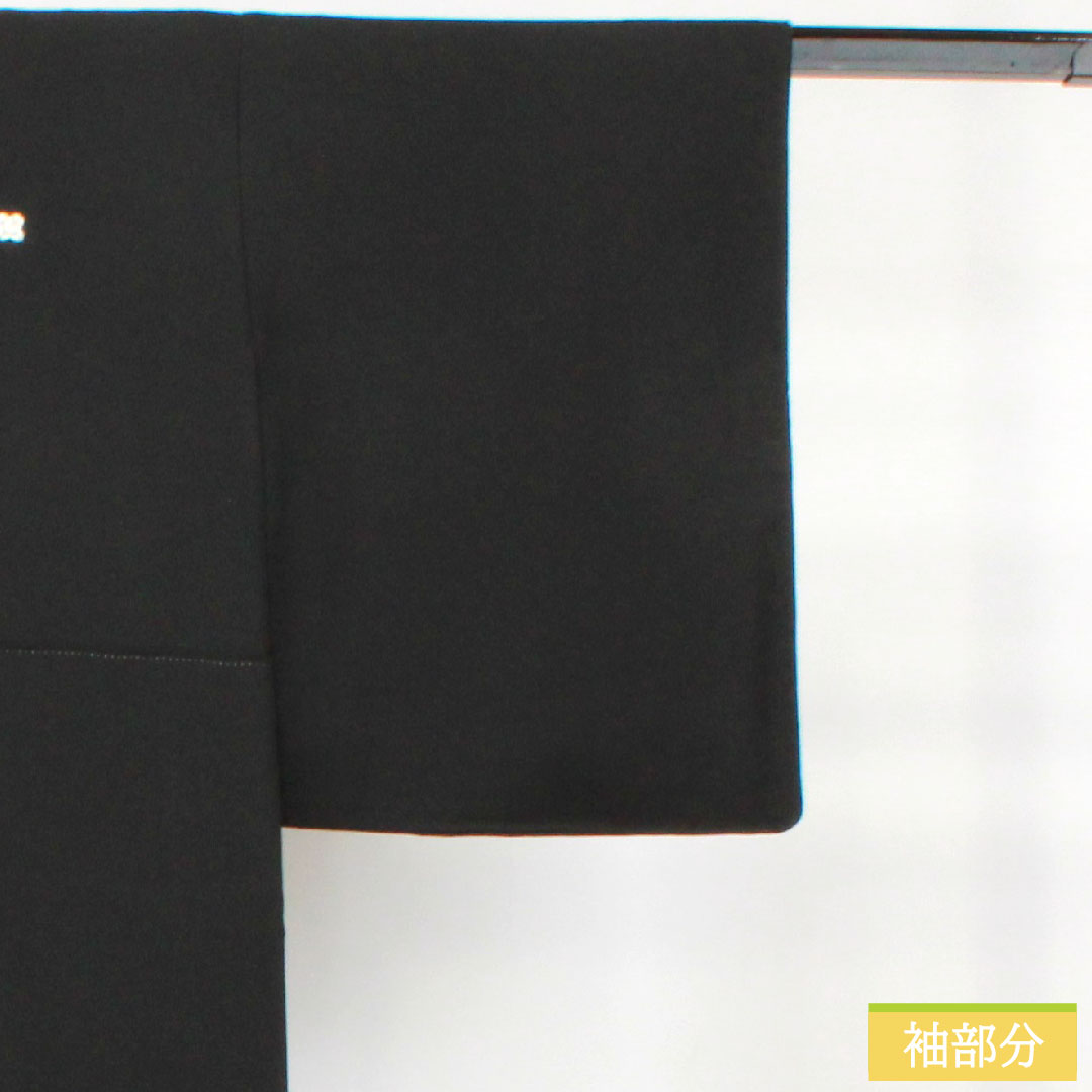 Black formal kimono, pure silk, length 156.5cm, sleeve length 63cm, lined, Kotobuki weave, historical figures and landscapes, new repelling processing, five crests, different hawk feathers, S rank, black, 1111001332310