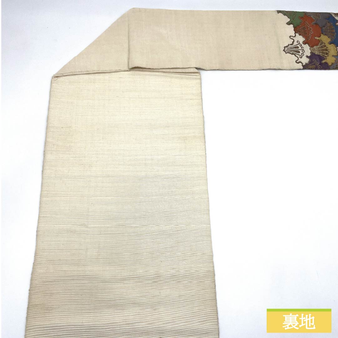 名古屋帯 生成り色（きなりいろ） 紬地 雪輪青海波 帯丈351cm 正絹 Sランク ポイント柄 カジュアル クリーム系 1124008212315 名古屋仕立て