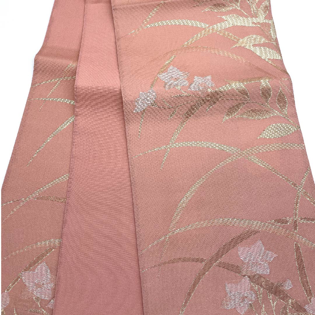袋帯 薄紅梅色（うすこうばいいろ）夏帯 桔梗 露芝 帯丈424cm 正絹 Sランク 六通 フォーマル ピンク系 1123007272313