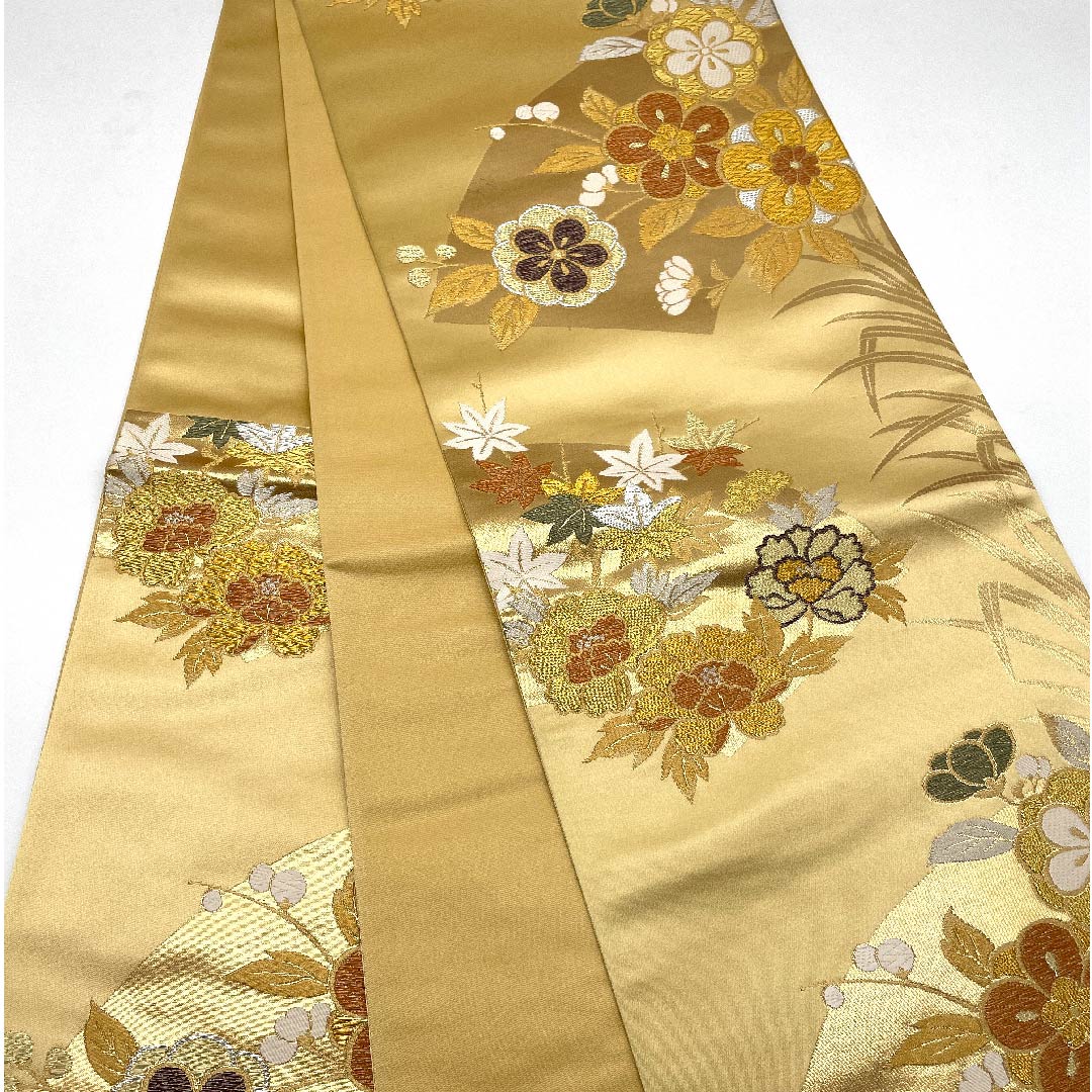 袋帯 金色 梅 紅葉 扇面 帯丈432cm 正絹 Aランク 六通 フォーマル 金系 1123005573321