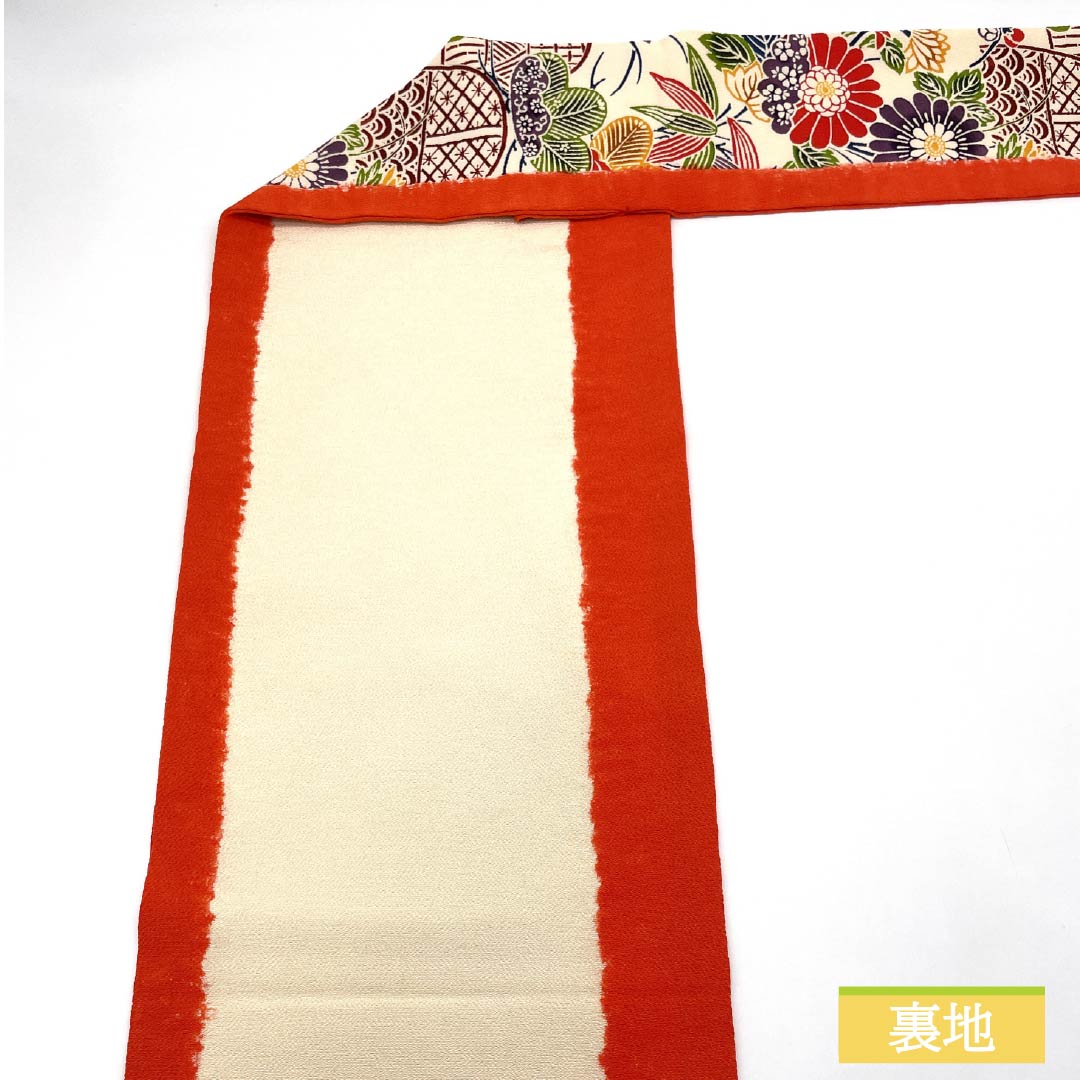 名古屋帯 京緋色（きょうひいろ） 京紅型 ちりめん地 菊 帯丈353cm 正絹 Sランク 全通 カジュアル 橙系 1124007632326 名古屋仕立て