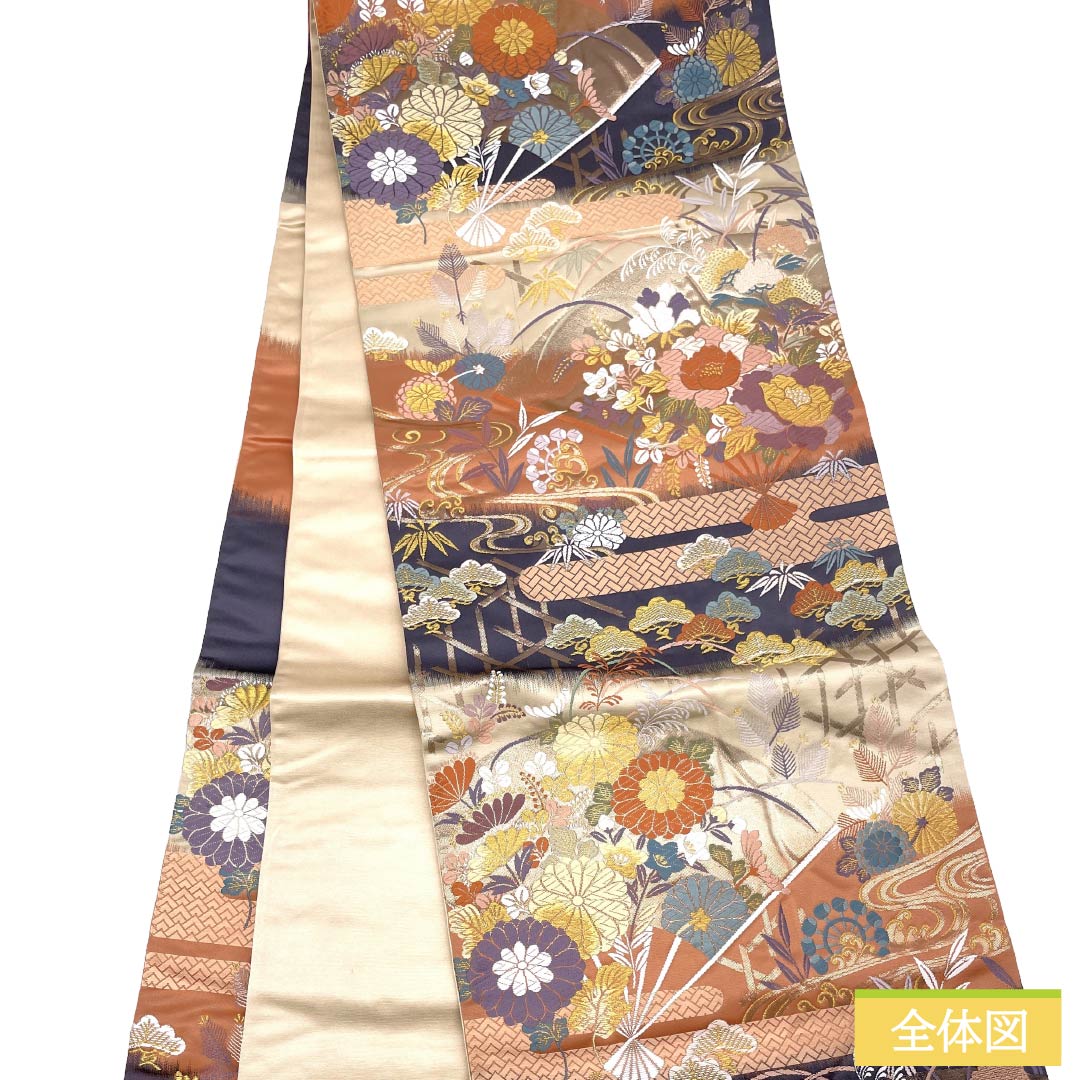 袋帯 正絹 Aランク 西陣織 扇面春秋花文 帯丈420cm 六通 フォーマル グラデーション系 1123017673399
