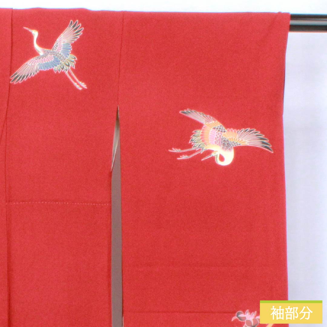 振袖 正絹 Sランク 身丈161.5cm 裄丈63.5cm 袷 生臙脂色（しょうえんじいろ） 京紅型 鶴 流水 桜 菖蒲 赤系 1113002372412