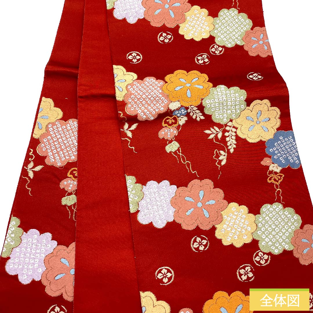袋帯 紅絹色（もみいろ） 古典柄 花柄 帯丈434cm 正絹 Sランク 六通 カジュアル 赤系 1123009682312
