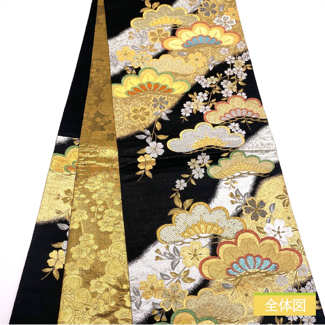 1480★正絹 袋帯 5本セット ☆着用可能 中古】 正絹 袋帯 振袖用 成人式 着付け練習 六通柄 黒 金 長さ