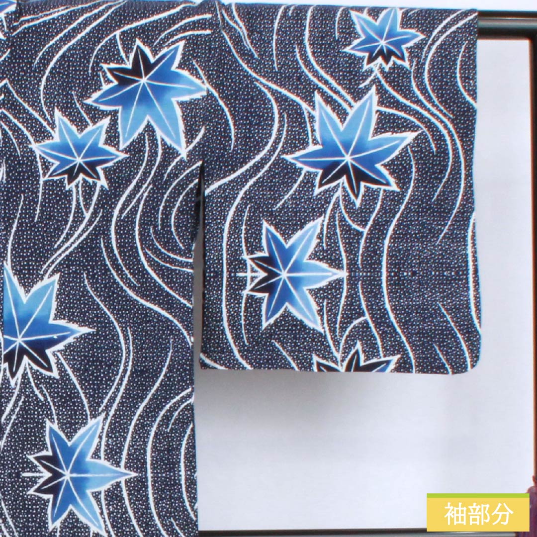 Cotton Yukata, Length 144.5cm, Sleeve Length 68.5cm, S Rank, Single Layer, Navy Blue, Flowing Water and Autumn Leaves Design, Item Number: 1118006312118