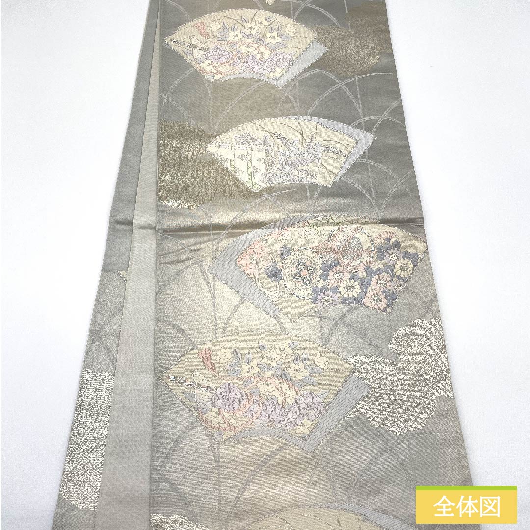 袋帯 正絹 薄鼠色（うすねずいろ） 扇面 桔梗 鼓 紅葉 帯丈428cm Aランク 六通 フォーマル グレー系 1123011823322