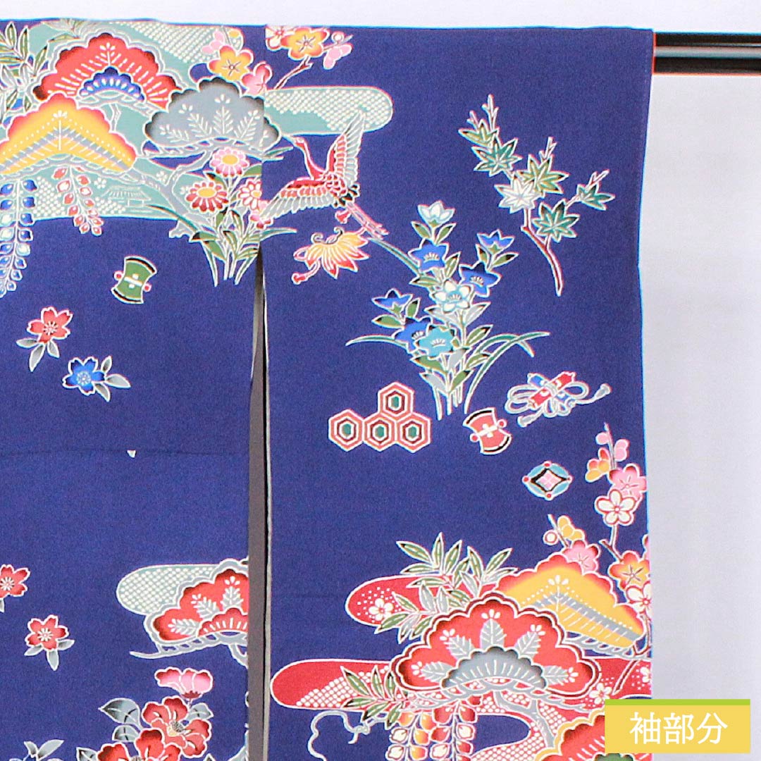 振袖 正絹 Aランク 身丈154.5cm 裄丈65cm 袷 青紫色（あおむらさきいろ） 京紅型 吉祥文様 松 藤 菖蒲 青系 1113002383217