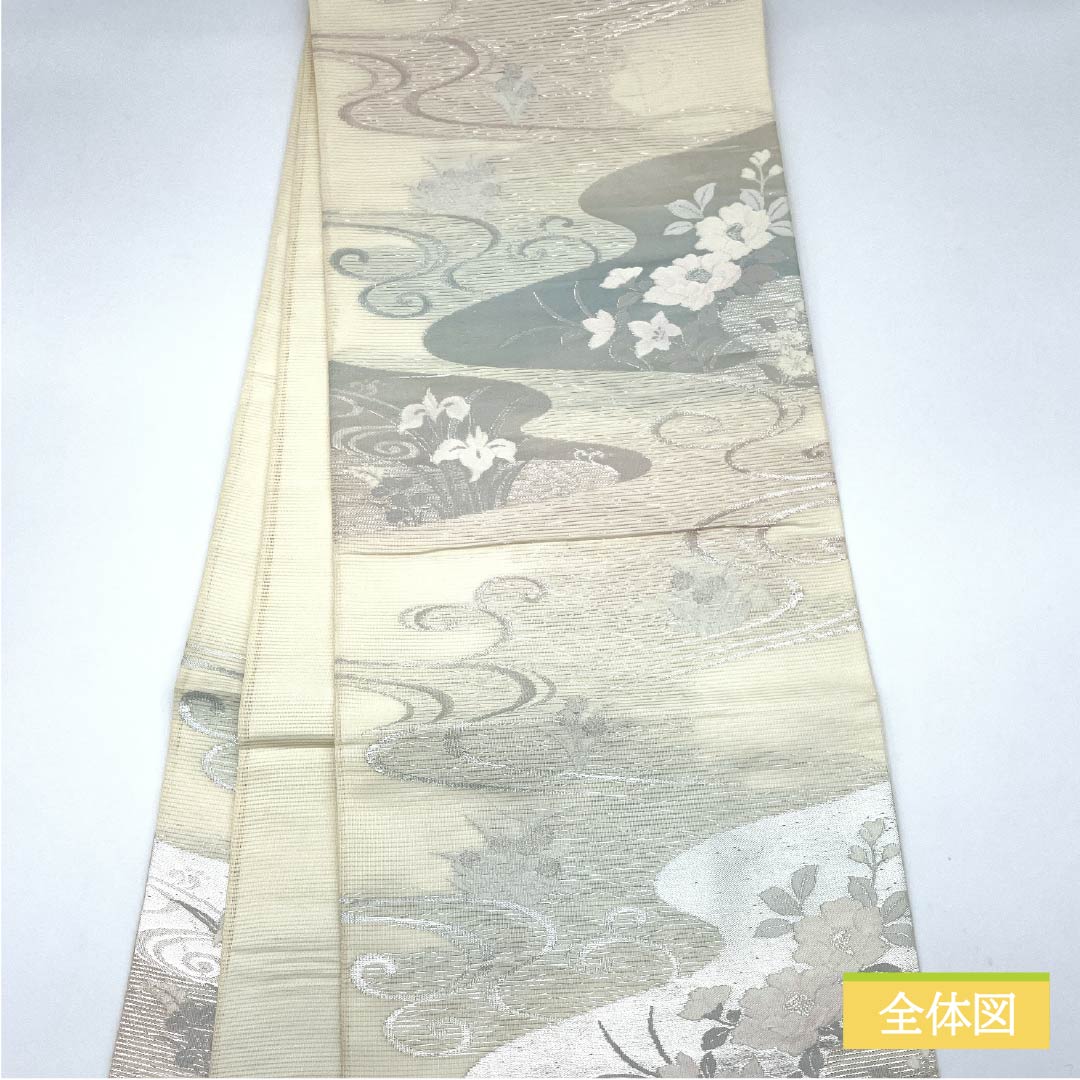 袋帯 正絹 Aランク 生成り色（きなりいろ） 夏帯 引箔 流水 霞 帯丈440cm 六通 セミフォーマル 白系 1123015103311
