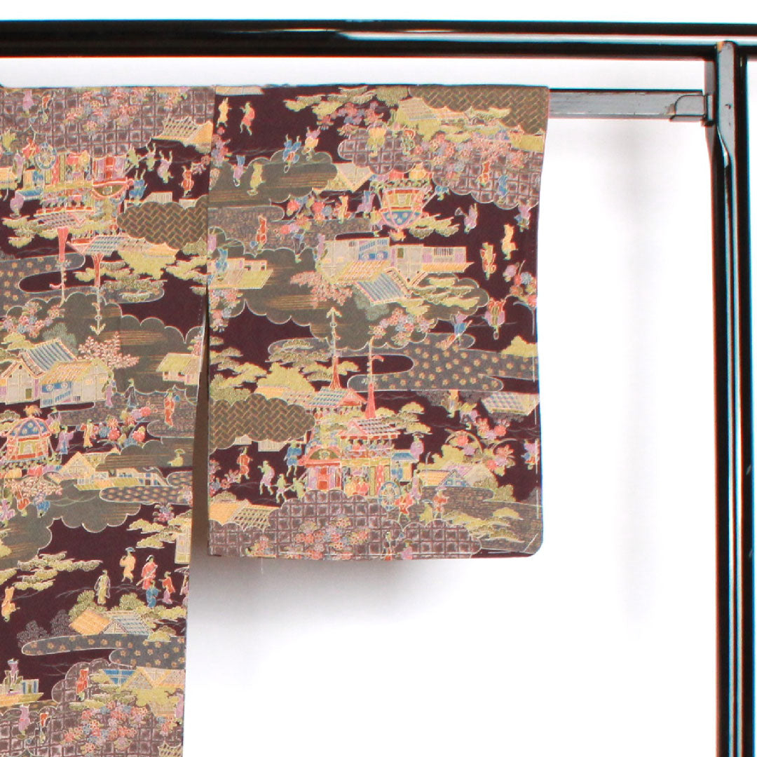 小紋 身丈153.5cm 裄丈65cm 袷  紫烏色 時代人物風景模様  正絹 Sランク 紫系 1115002322220