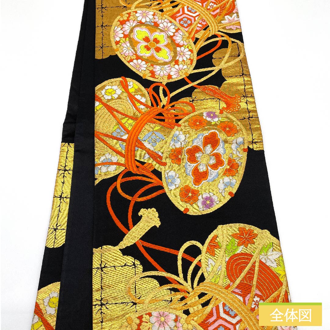 Fukuro Obi, Pure Silk, Black, Drum, Tortoise Shell, Shippo, Autumn Leaves, Length 424cm, S Rank, Six-way, Formal, Black, 1123011802310