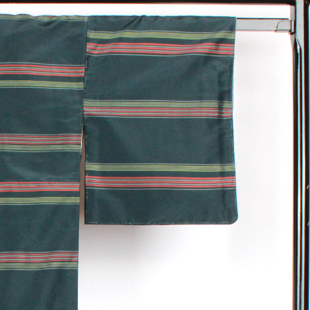 大島紬 身丈149.5cm 裄丈64cm 百入茶色 横縞模様 正絹 Sランク 袷 緑系 1116001662119