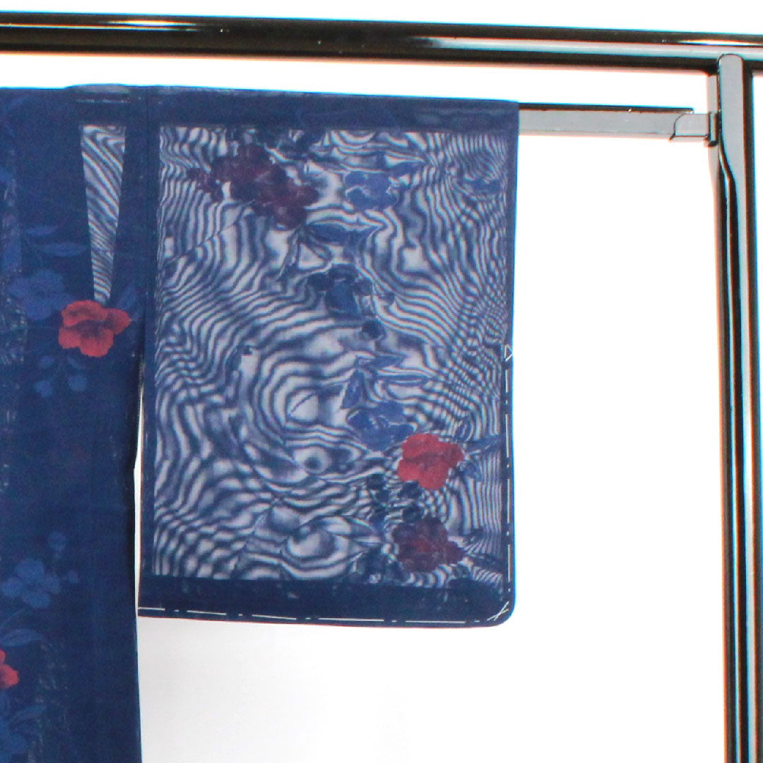 夏物 正絹 小紋 身丈161cm 裄丈64.5cm 濃紺色（のうこんいろ）椿  紗 Sランク 紺系 1132001182418