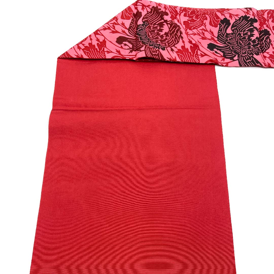 名古屋帯 中紅花色 草花模様 染帯 帯丈358cm 正絹 Aランク 六通 カジュアル 赤系 1124003493312  名古屋仕立て