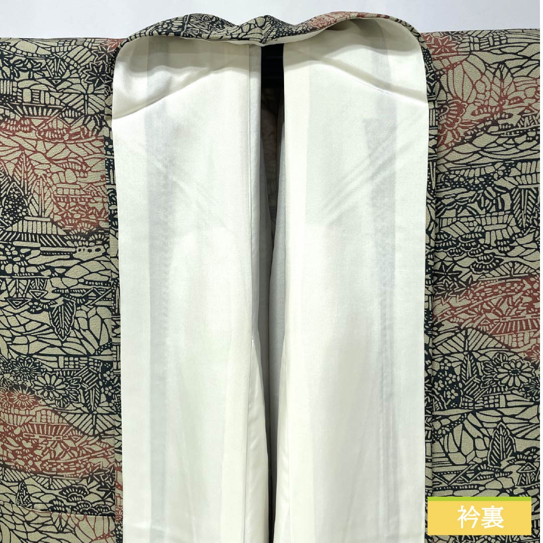 小紋 正絹 Sランク 身丈159.5cm 裄丈67cm 袷 蠟色（ろういろ） 型染 風景画 ベージュ系 1115008312325